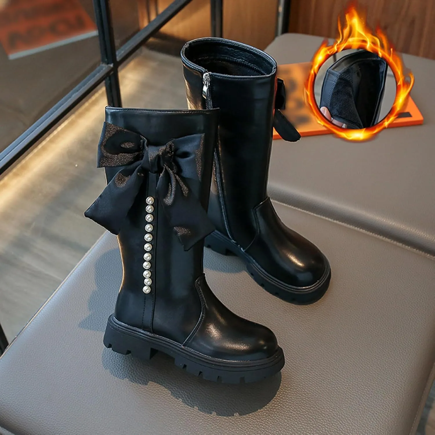 Girl's Knee High Winter Boots Bowknot Warm Faux Fur Lined Snow Boots Low Heels Lug Sole Riding Boot with Side Zipper