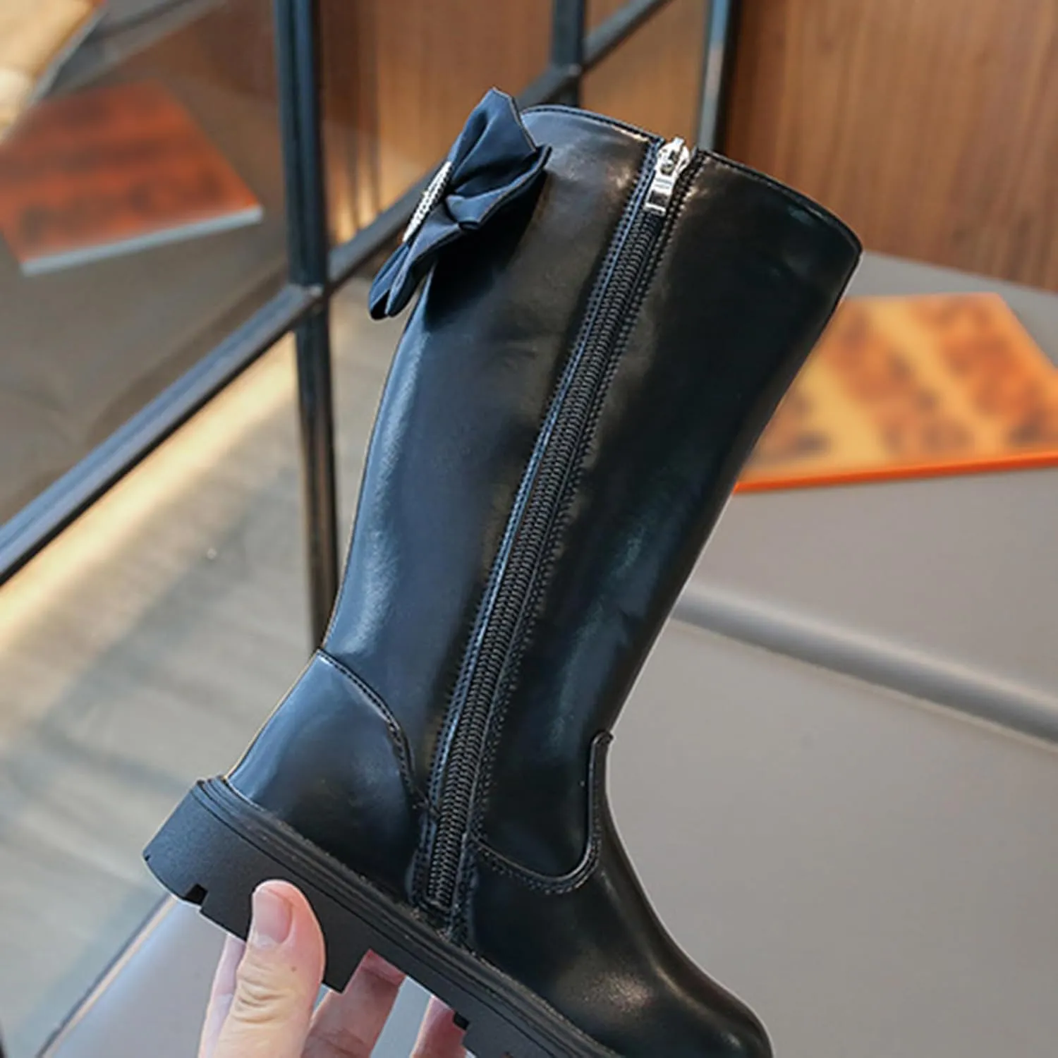 Girl's Knee High Winter Boots Bowknot Warm Faux Fur Lined Snow Boots Low Heels Lug Sole Riding Boot with Side Zipper