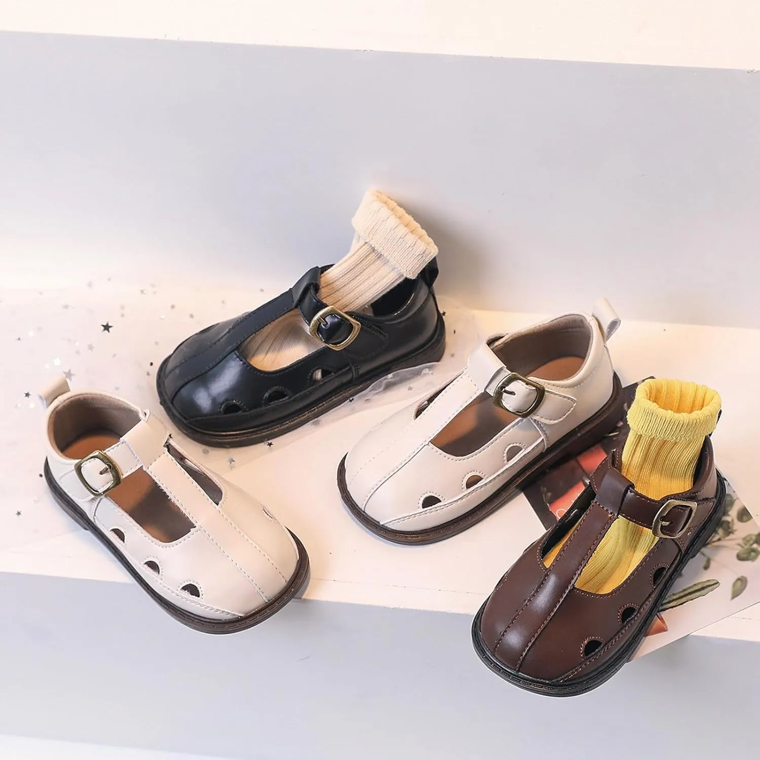 Girls Leather Closed Toe Hollow Sandals Mary Jane Ballet Flat𝘀 Dress Shoes Toddler School Par𝘁y Princess Shoes