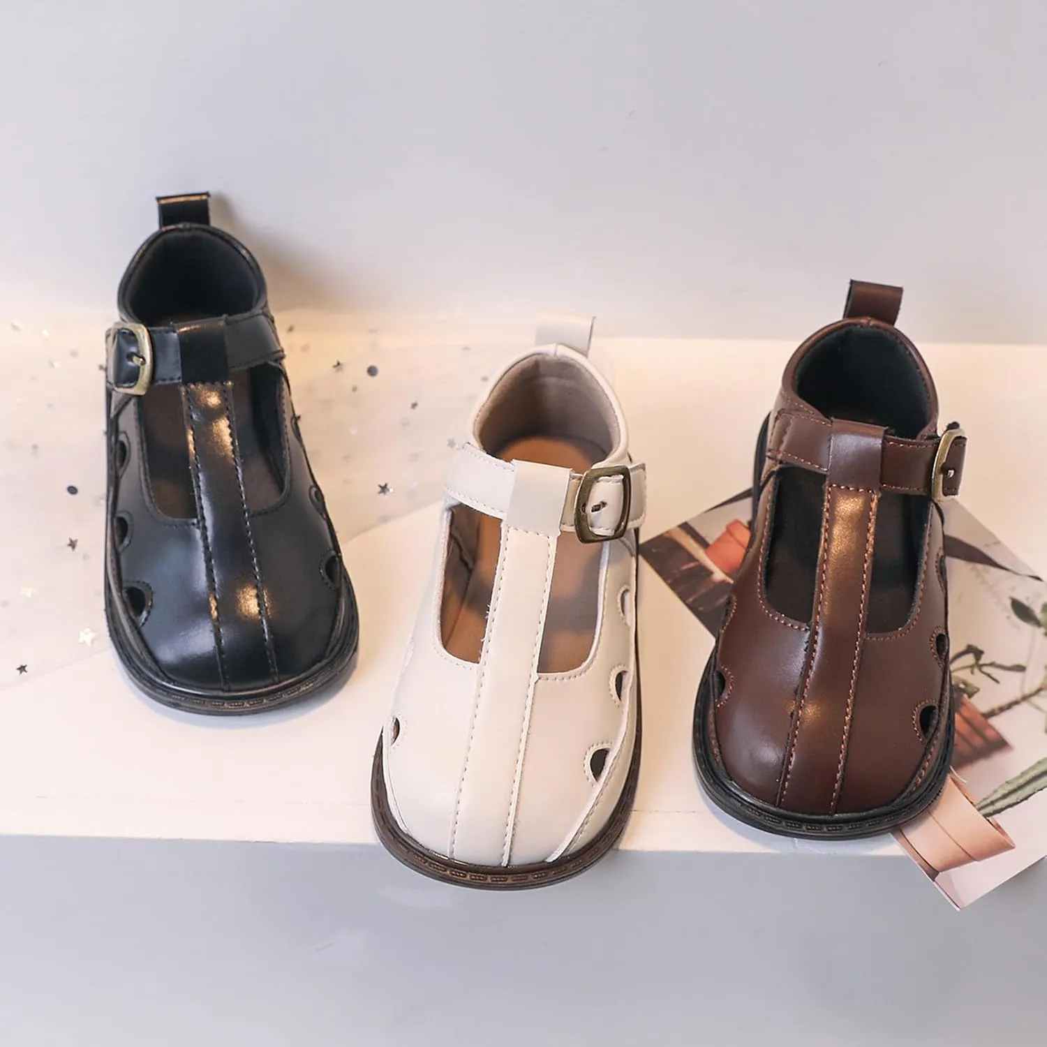 Girls Leather Closed Toe Hollow Sandals Mary Jane Ballet Flat𝘀 Dress Shoes Toddler School Par𝘁y Princess Shoes