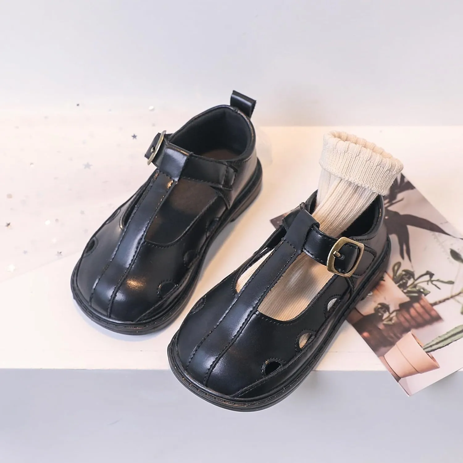 Girls Leather Closed Toe Hollow Sandals Mary Jane Ballet Flat𝘀 Dress Shoes Toddler School Par𝘁y Princess Shoes