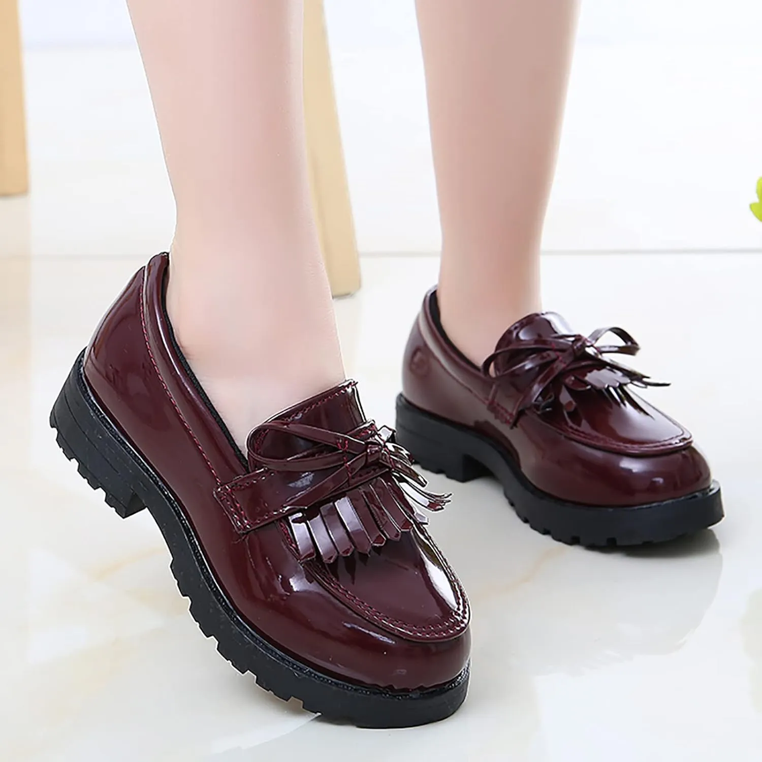 Girl's Loafers Slip On Tassel Oxford Shoes Flats Round Toe School Uniform Dress Shoes Gifts for Girl