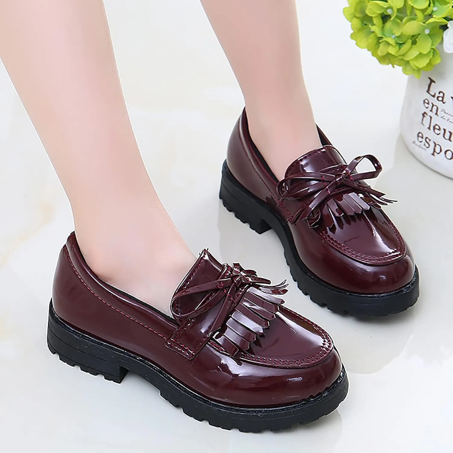 Girl's Loafers Slip On Tassel Oxford Shoes Flats Round Toe School Uniform Dress Shoes Gifts for Girl