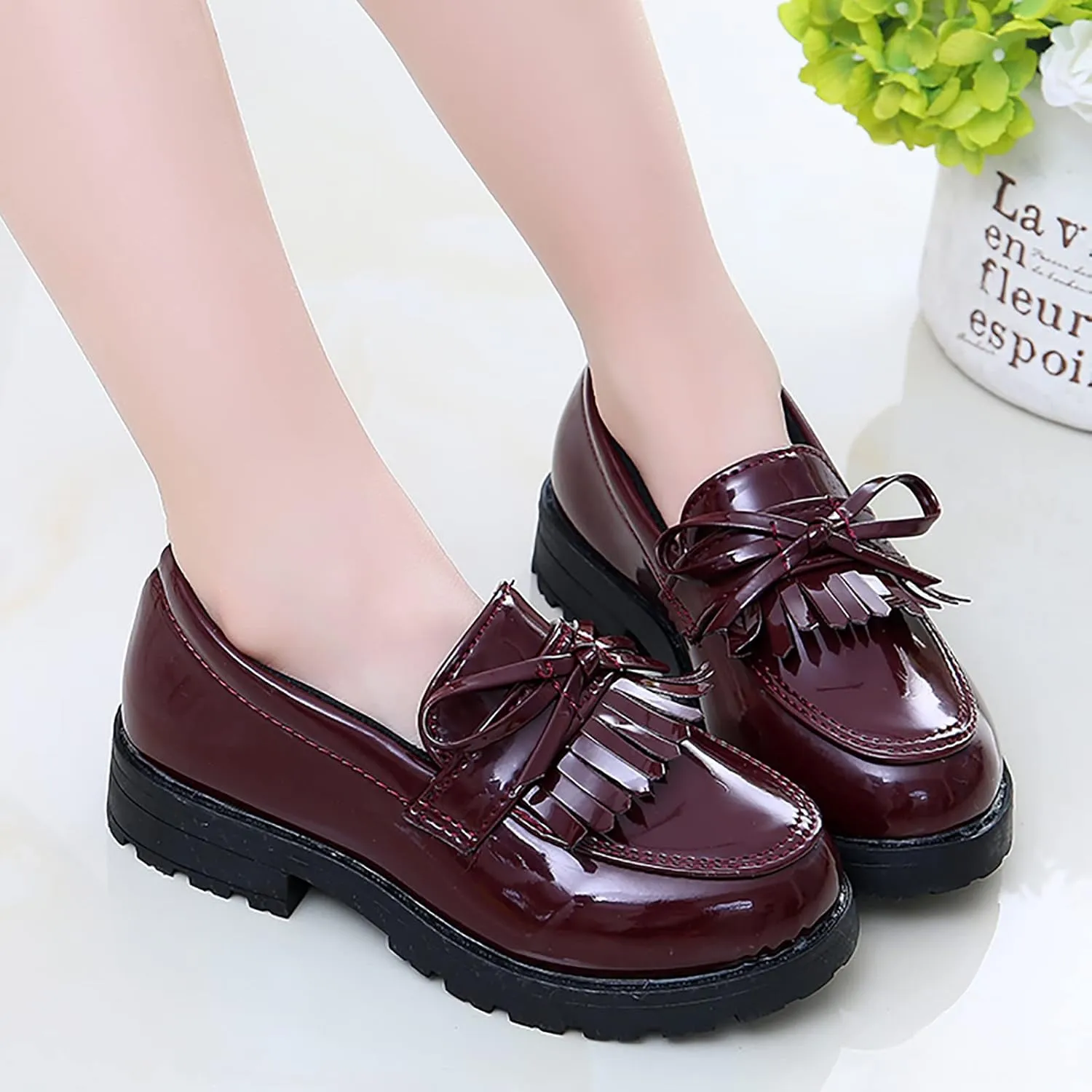 Girl's Loafers Slip On Tassel Oxford Shoes Flats Round Toe School Uniform Dress Shoes Gifts for Girl