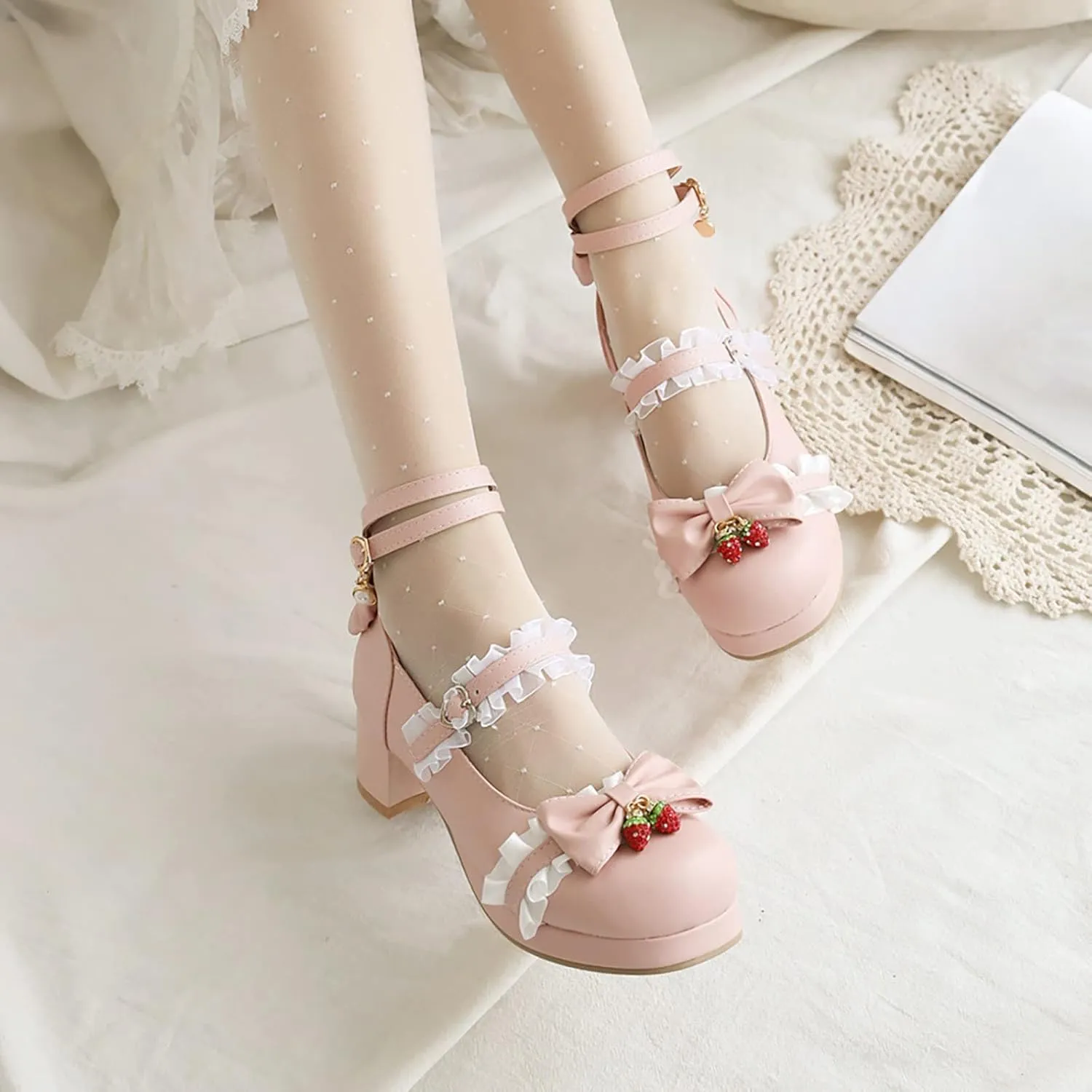 Girls Lolita Shoes Cute Bow Heels Mary Janes Shoes Dress Platform Strappy High Heels Kawaii Shoes Leather Pumps