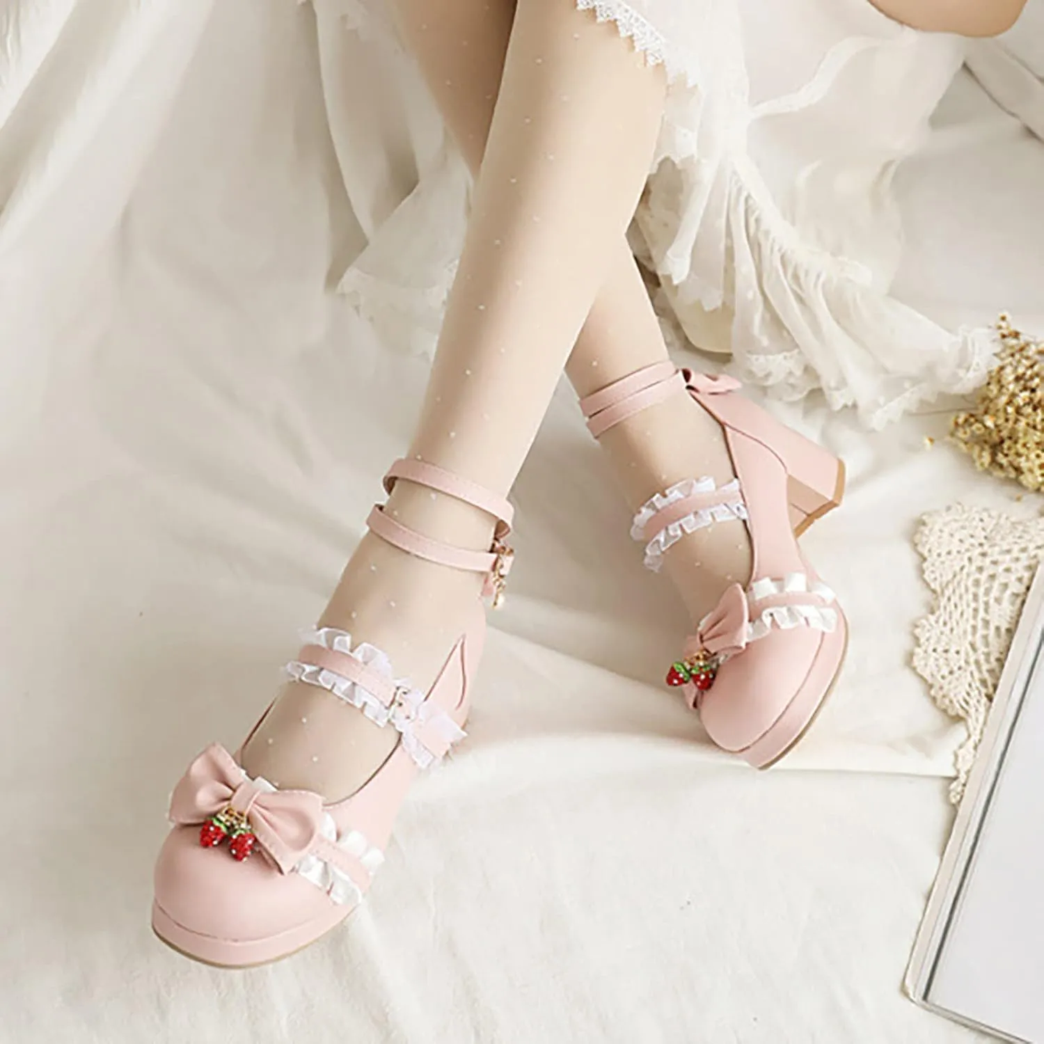 Girls Lolita Shoes Cute Bow Heels Mary Janes Shoes Dress Platform Strappy High Heels Kawaii Shoes Leather Pumps