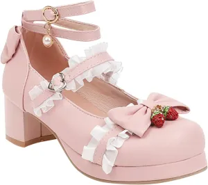 Girls Lolita Shoes Cute Bow Heels Mary Janes Shoes Dress Platform Strappy High Heels Kawaii Shoes Leather Pumps
