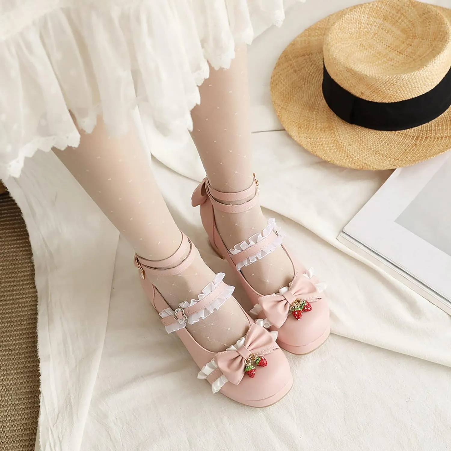Girls Lolita Shoes Cute Bow Heels Mary Janes Shoes Dress Platform Strappy High Heels Kawaii Shoes Leather Pumps