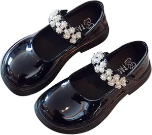 Girl's Mary Jane Dress Shoes Ballet Flat with Rhinestone Strap for Party Wedding School Toddler Patent Leather Shoes