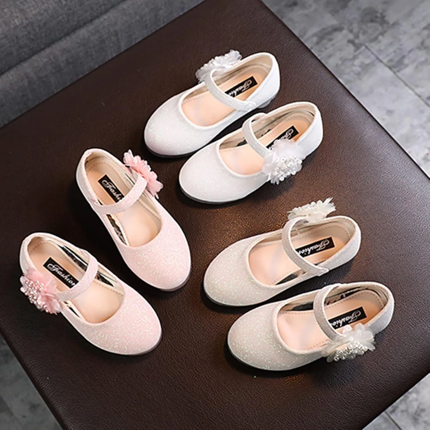 Girls Mary Jane Flats with Flower Low Heels Flower Baby Dress Shoes Pump Toddler Kids School Party Wedding Shoes