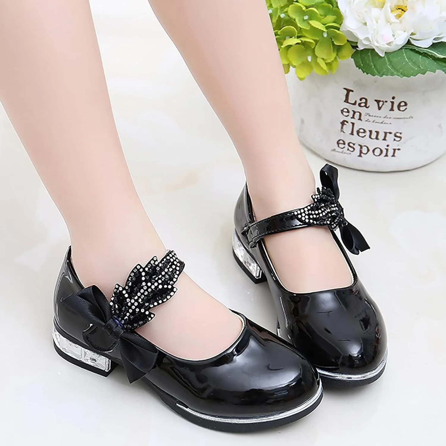 Girls Mary Jane Shoes Toddler Bowknot Pearl Flower Dress Shoes Low Heel Slip on Wedding Party Ballet Flats