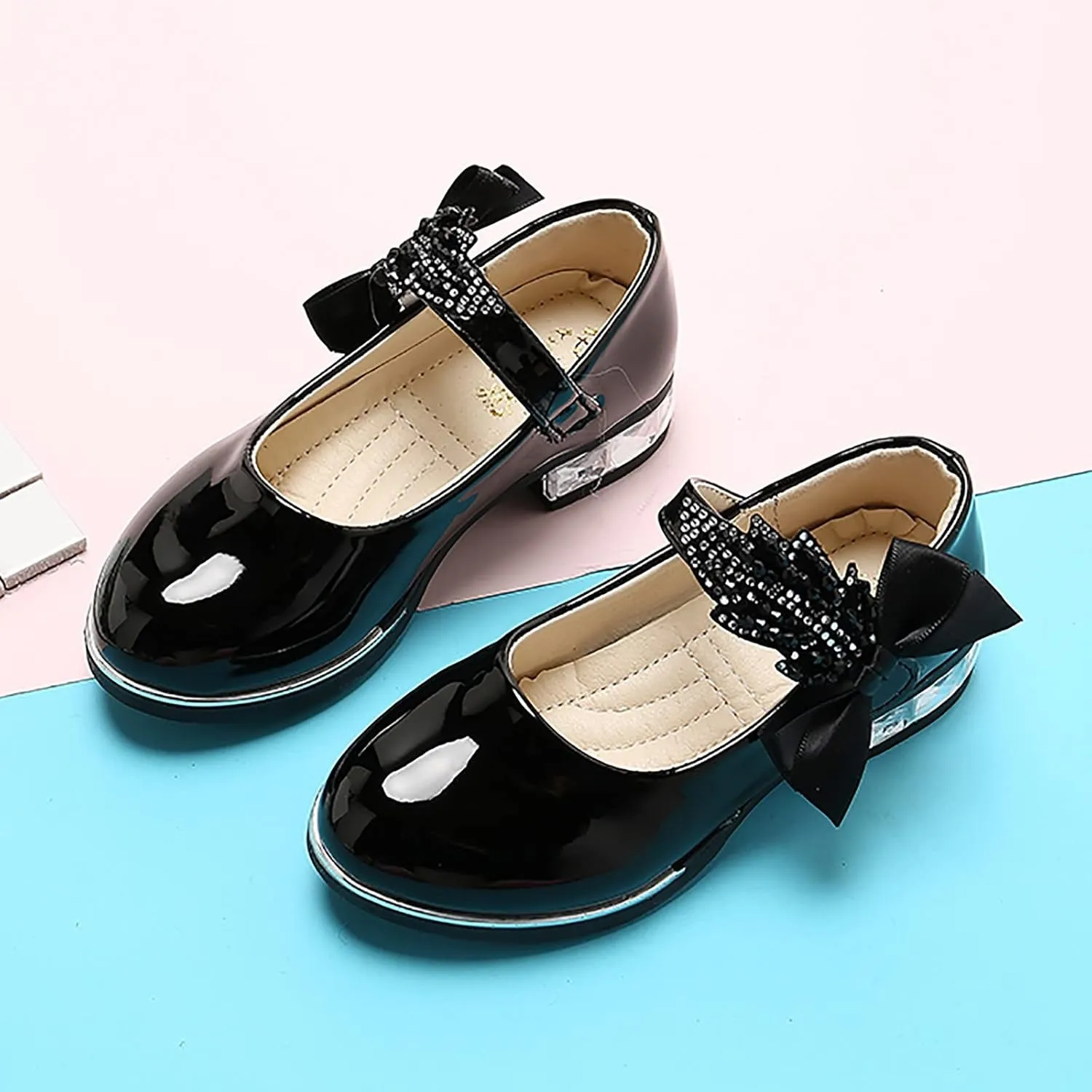 Girls Mary Jane Shoes Toddler Bowknot Pearl Flower Dress Shoes Low Heel Slip on Wedding Party Ballet Flats