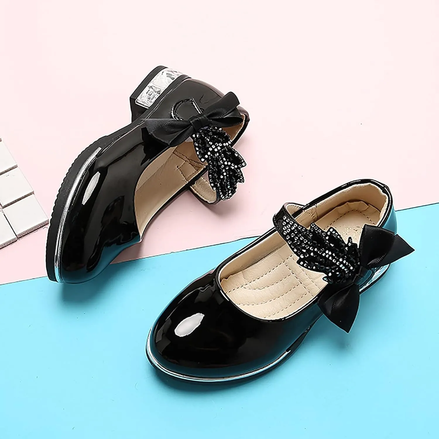 Girls Mary Jane Shoes Toddler Bowknot Pearl Flower Dress Shoes Low Heel Slip on Wedding Party Ballet Flats