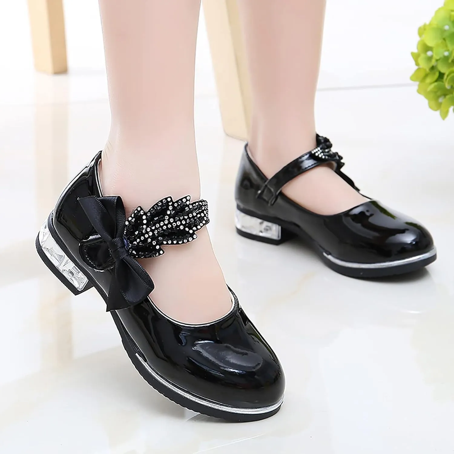 Girls Mary Jane Shoes Toddler Bowknot Pearl Flower Dress Shoes Low Heel Slip on Wedding Party Ballet Flats
