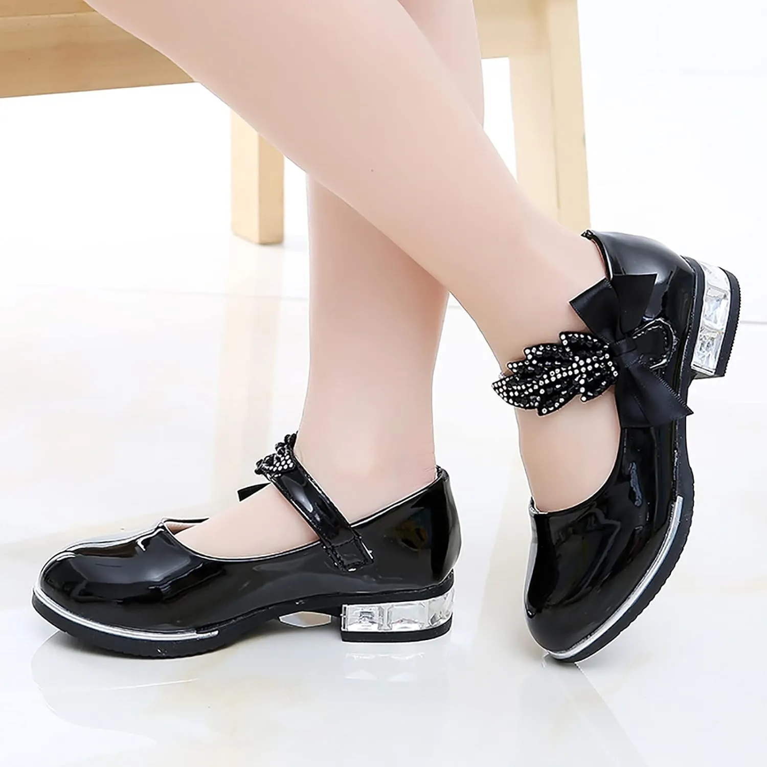 Girls Mary Jane Shoes Toddler Bowknot Pearl Flower Dress Shoes Low Heel Slip on Wedding Party Ballet Flats