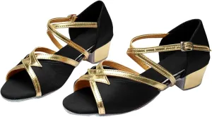 Girls Soft-Soled Glittering Latin Ballroom Dance Sandals Big Kids Low Heels Sequins Tango Practice Shoes