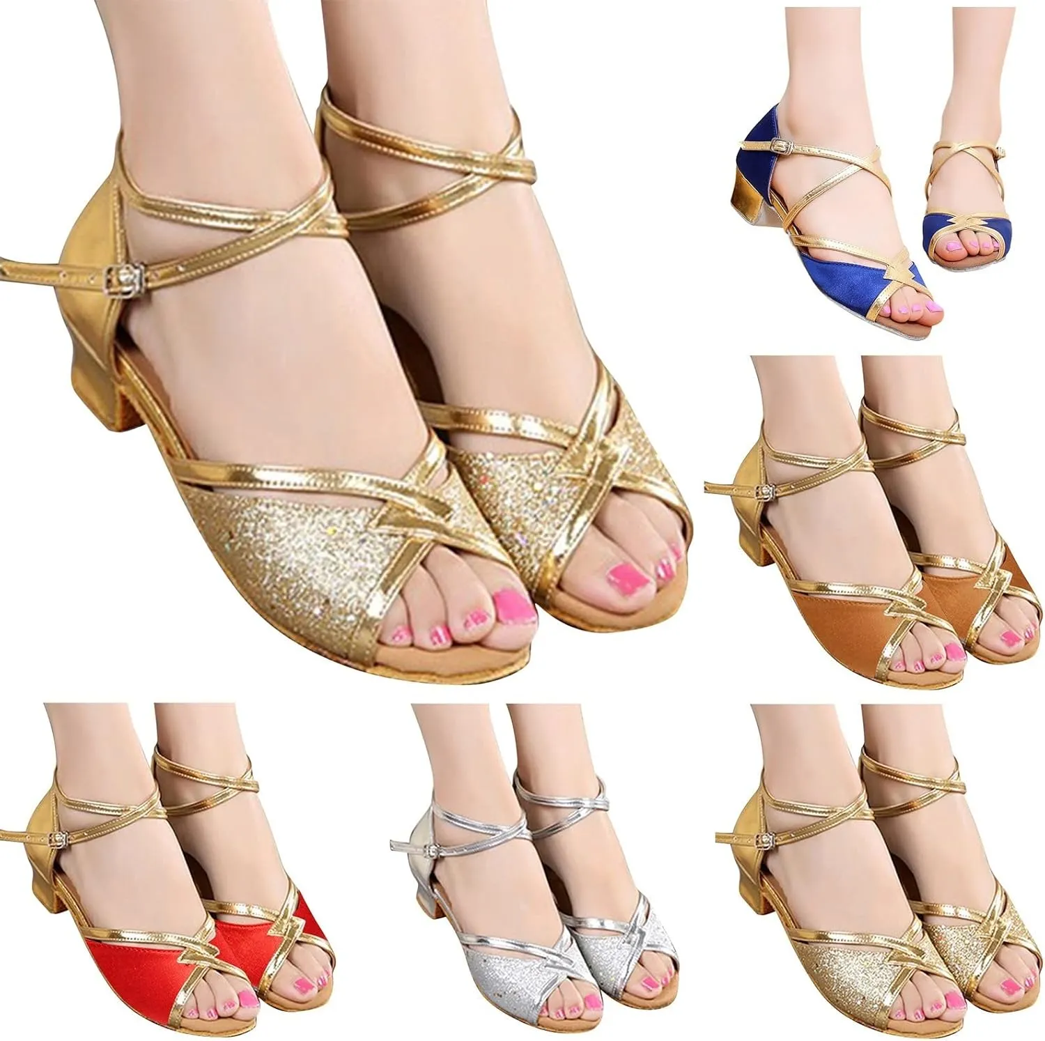 Girls Soft-Soled Glittering Latin Ballroom Dance Sandals Big Kids Low Heels Sequins Tango Practice Shoes