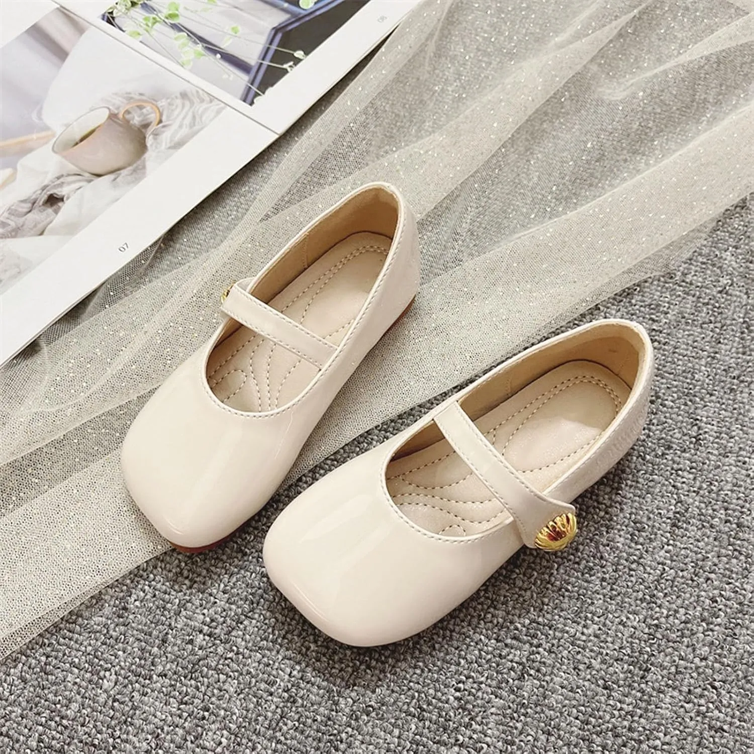 Girls Wide Toe Dress Shoes Ballerina Flat Soft Sole Flat Bottom Solid Color Anti-Slip Breathable Dance Shoes