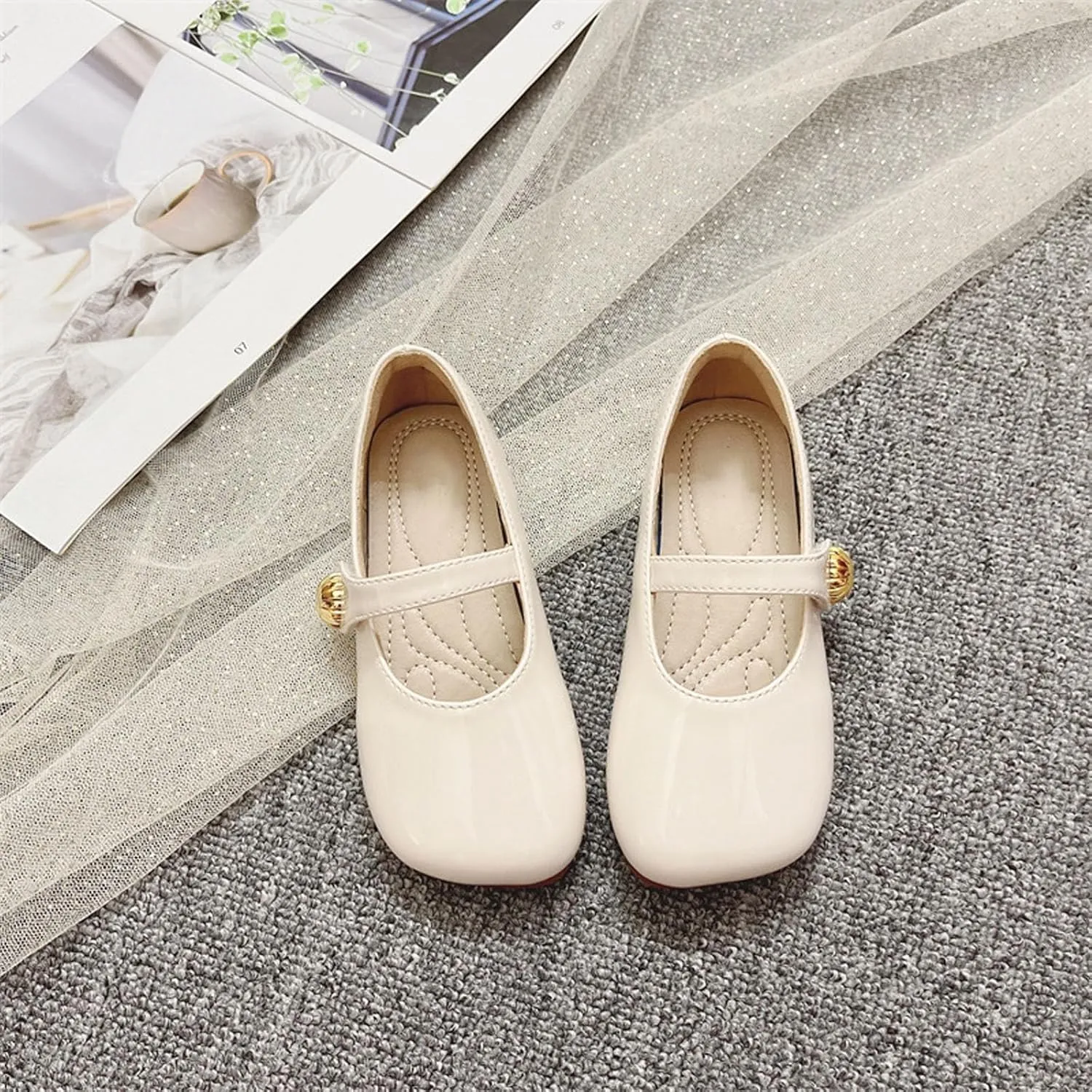 Girls Wide Toe Dress Shoes Ballerina Flat Soft Sole Flat Bottom Solid Color Anti-Slip Breathable Dance Shoes