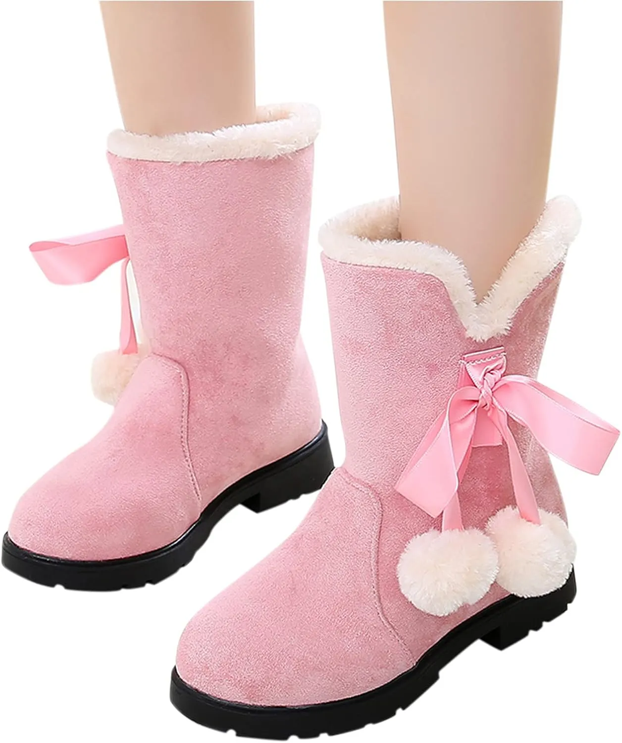 Girls Winter Warm Boots Fuzzy Fleece Lined Snow Boots Mid Calf Booties Furry Faux Fur Lining Shoes Little/Big Kids