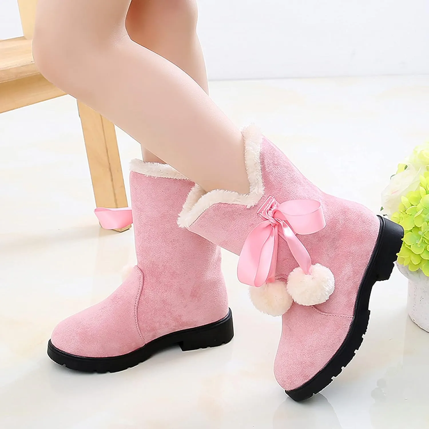 Girls Winter Warm Boots Fuzzy Fleece Lined Snow Boots Mid Calf Booties Furry Faux Fur Lining Shoes Little/Big Kids