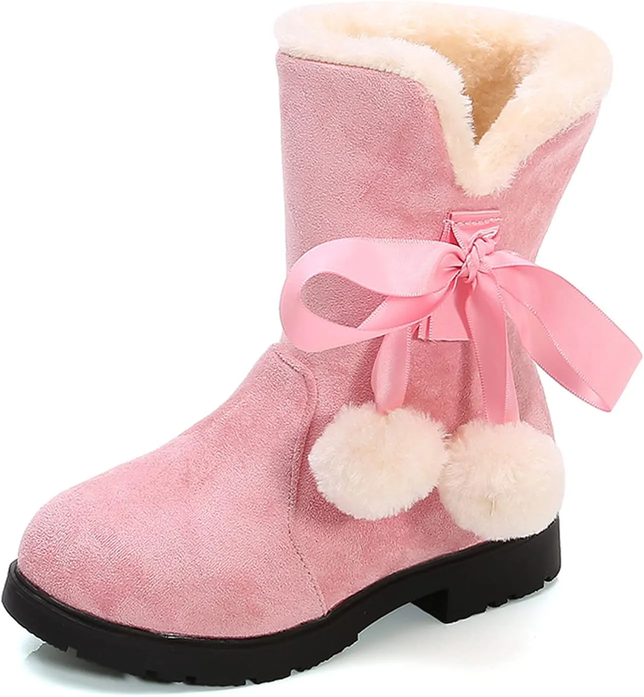 Girls Winter Warm Boots Fuzzy Fleece Lined Snow Boots Mid Calf Booties Furry Faux Fur Lining Shoes Little/Big Kids