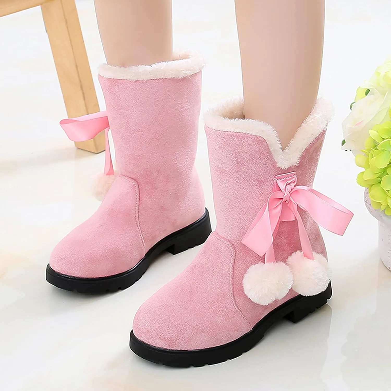 Girls Winter Warm Boots Fuzzy Fleece Lined Snow Boots Mid Calf Booties Furry Faux Fur Lining Shoes Little/Big Kids