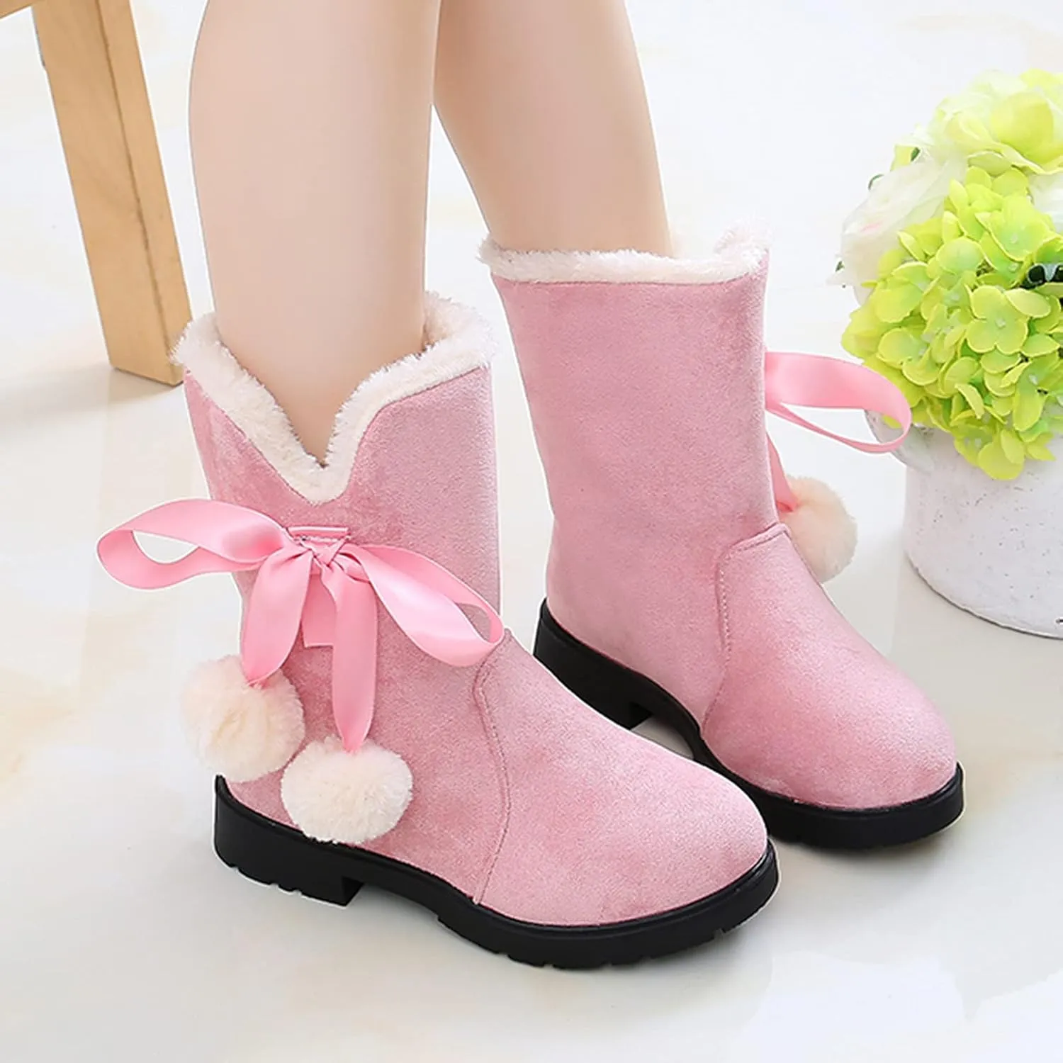 Girls Winter Warm Boots Fuzzy Fleece Lined Snow Boots Mid Calf Booties Furry Faux Fur Lining Shoes Little/Big Kids