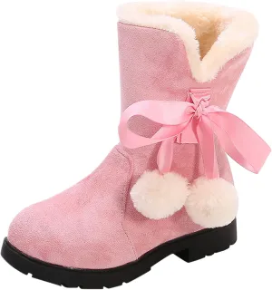 Girls Winter Warm Boots Fuzzy Fleece Lined Snow Boots Mid Calf Booties Furry Faux Fur Lining Shoes Little/Big Kids