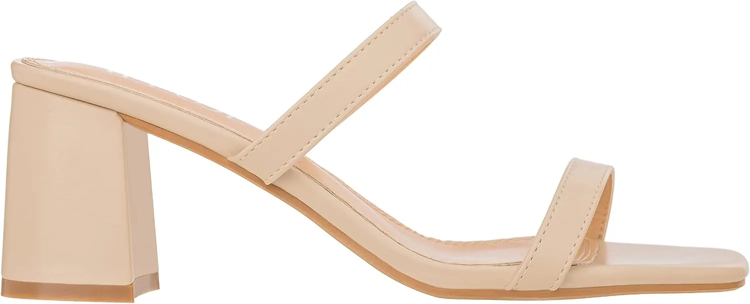 ILLUDE Womens Block Heel Double Band Square Toe Heeled Sandal Slip On Mule - Lisa