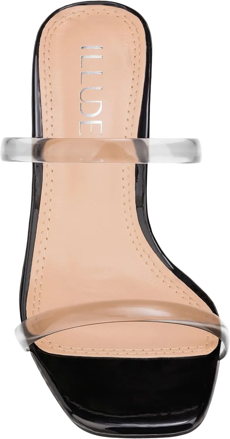 ILLUDE Womens Block Heel Double Band Square Toe Heeled Sandal Slip On Mule - Lisa