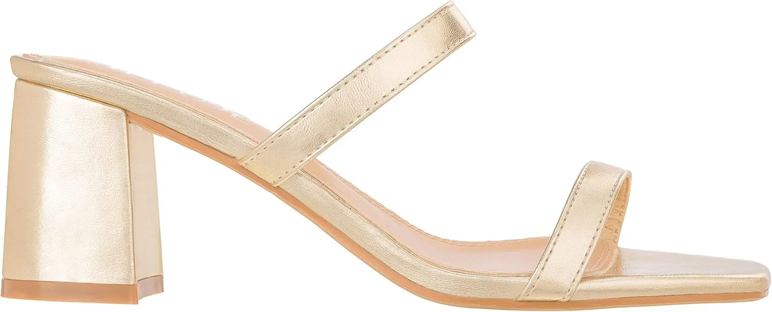 ILLUDE Womens Block Heel Double Band Square Toe Heeled Sandal Slip On Mule - Lisa