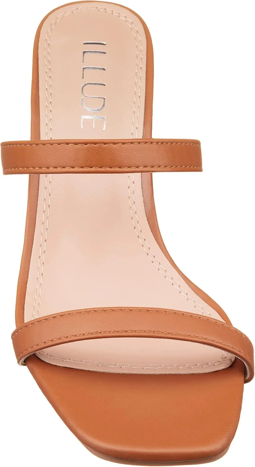 ILLUDE Womens Block Heel Double Band Square Toe Heeled Sandal Slip On Mule - Lisa
