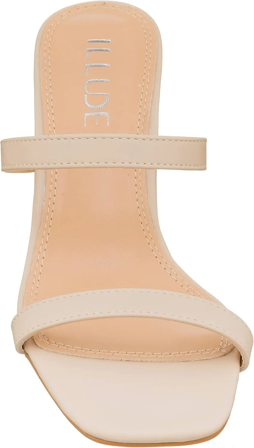 ILLUDE Womens Block Heel Double Band Square Toe Heeled Sandal Slip On Mule - Lisa
