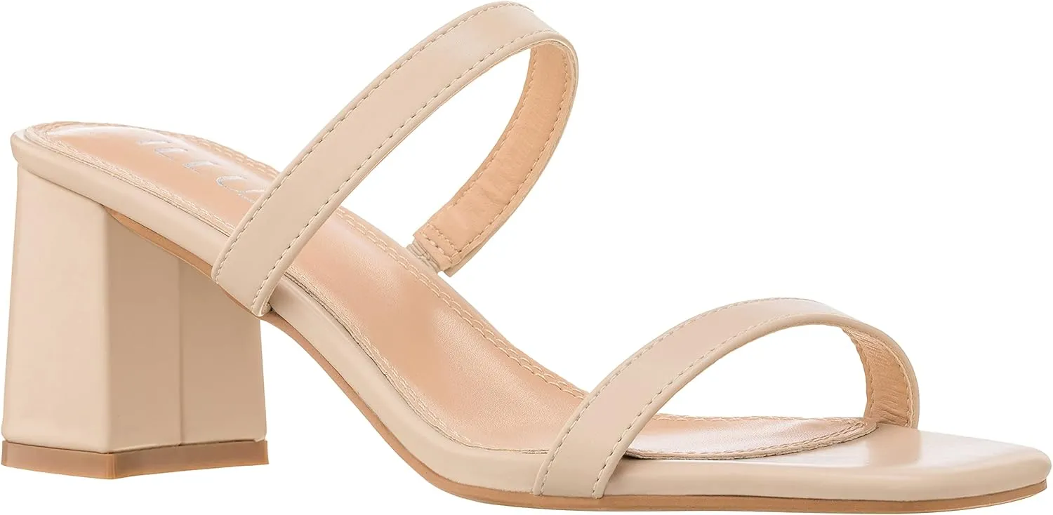 ILLUDE Womens Block Heel Double Band Square Toe Heeled Sandal Slip On Mule - Lisa