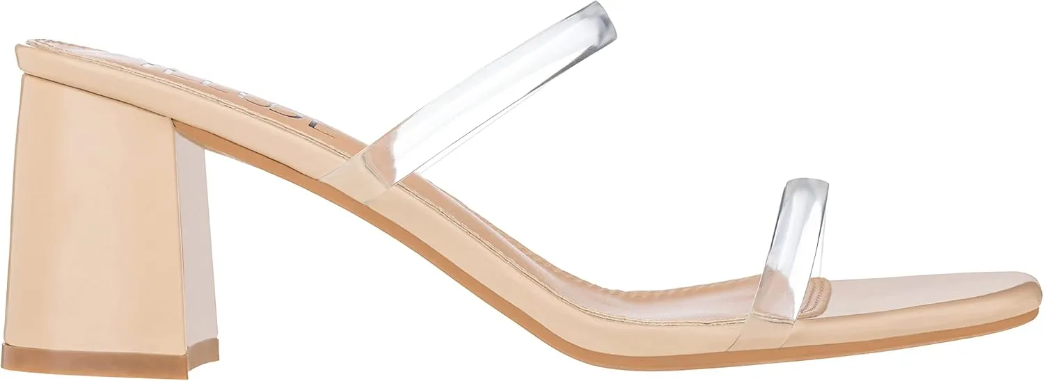 ILLUDE Womens Block Heel Double Band Square Toe Heeled Sandal Slip On Mule - Lisa