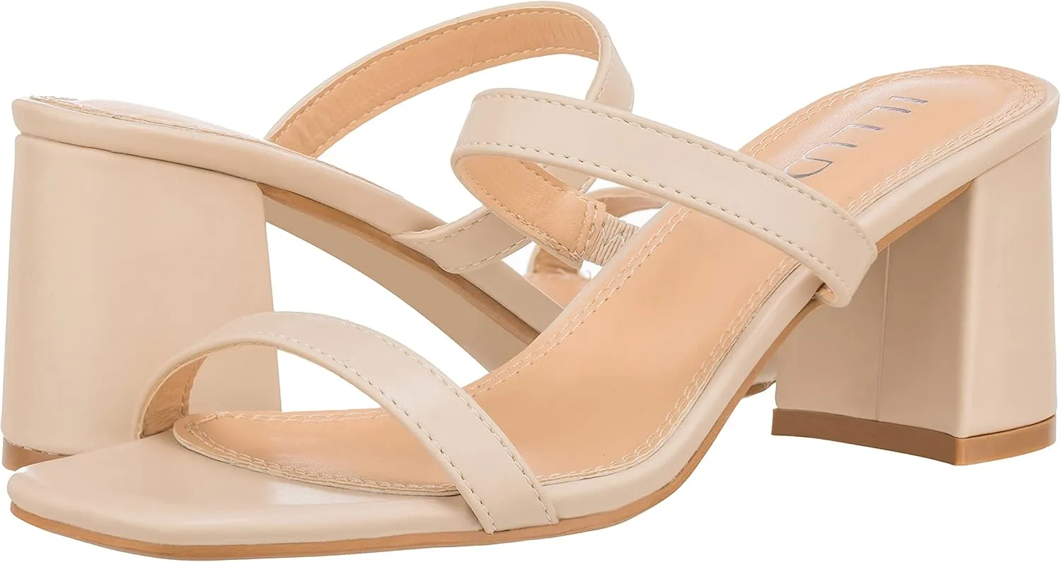 ILLUDE Womens Block Heel Double Band Square Toe Heeled Sandal Slip On Mule - Lisa