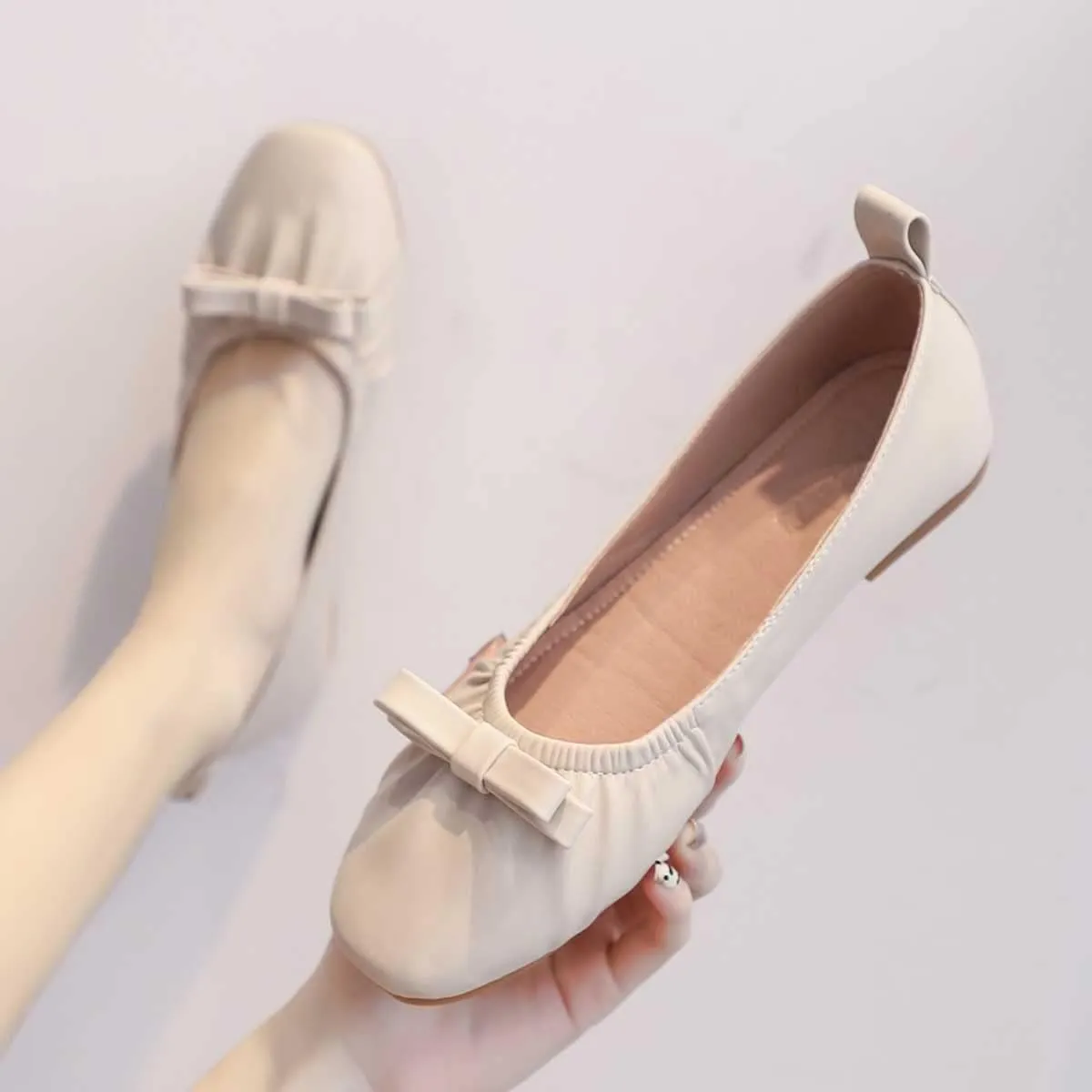 JOEupin Women's Square Toe Ballet Flats Comfortable Bow Dressy Flats Shoes for Women F014