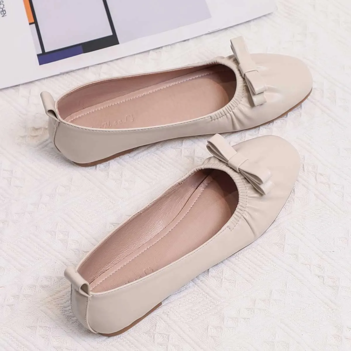 JOEupin Women's Square Toe Ballet Flats Comfortable Bow Dressy Flats Shoes for Women F014