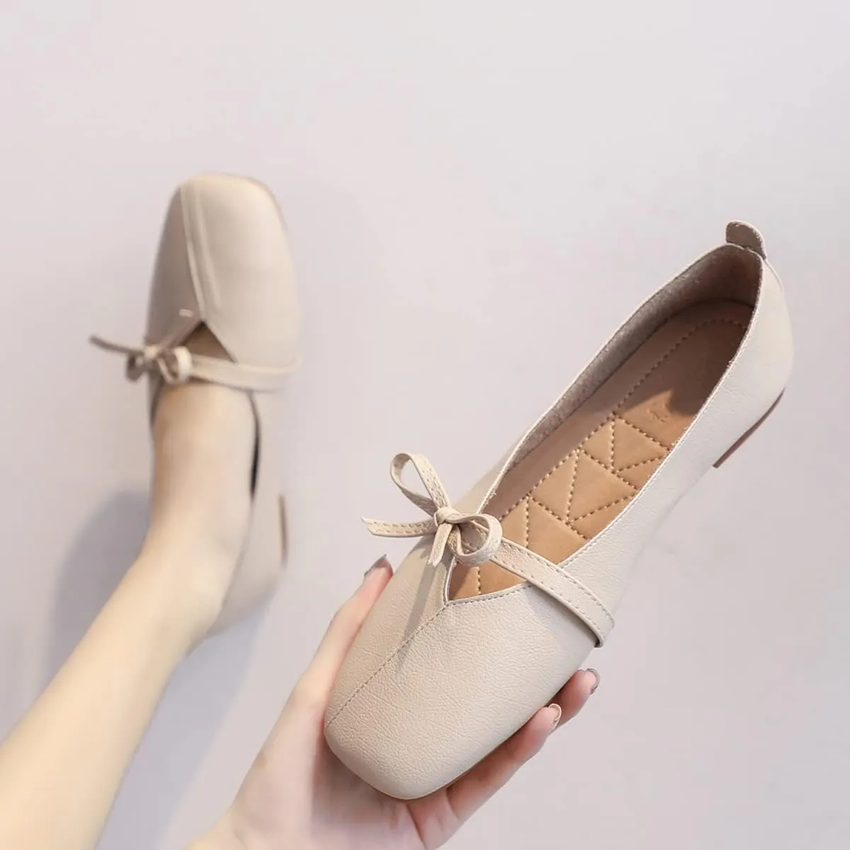 JOEupin Women's Square Toe Ballet Flats Comfortable Bow Dressy Flats Shoes for Women F014