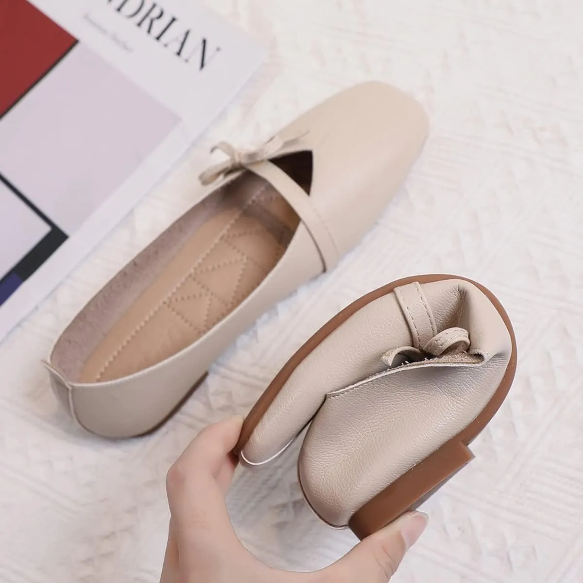 JOEupin Women's Square Toe Ballet Flats Comfortable Bow Dressy Flats Shoes for Women F014
