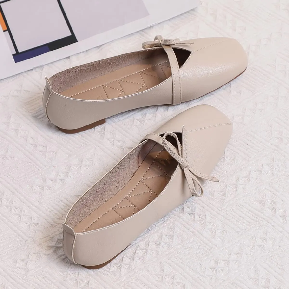 JOEupin Women's Square Toe Ballet Flats Comfortable Bow Dressy Flats Shoes for Women F014