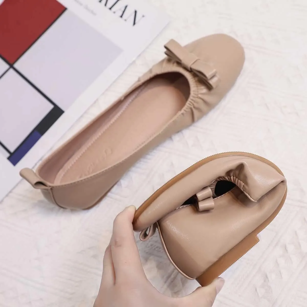 JOEupin Women's Square Toe Ballet Flats Comfortable Bow Dressy Flats Shoes for Women F014