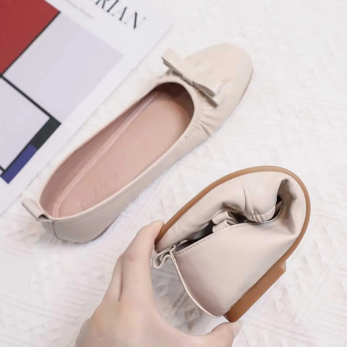 JOEupin Women's Square Toe Ballet Flats Comfortable Bow Dressy Flats Shoes for Women F014