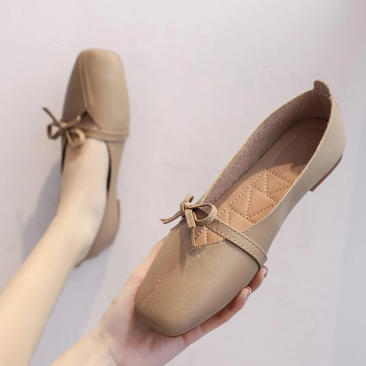 JOEupin Women's Square Toe Ballet Flats Comfortable Bow Dressy Flats Shoes for Women F014