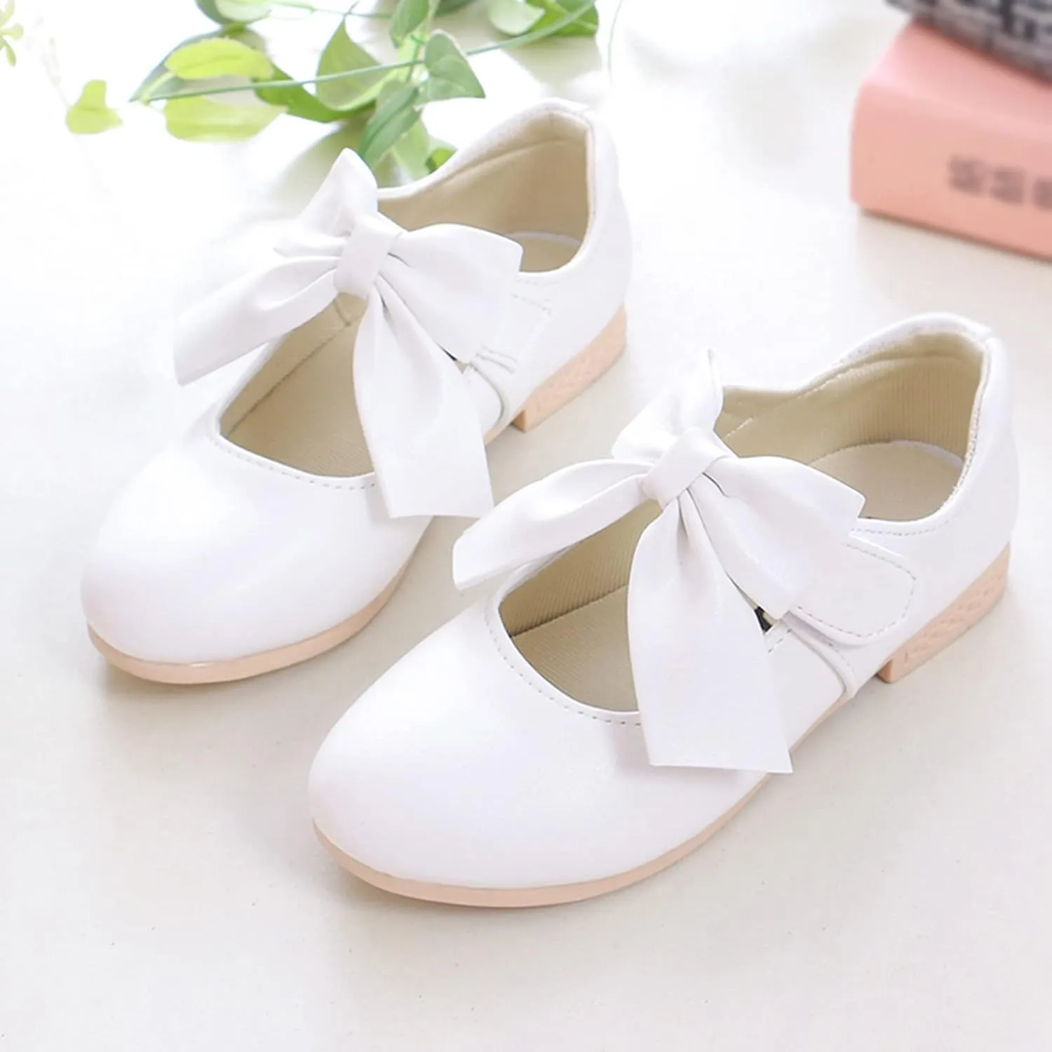 Kids Ballet Shoes Flower Girls Mary Jane Flats with Bow Dress Shoes Party Wedding Church Shoes for Toddler Girl