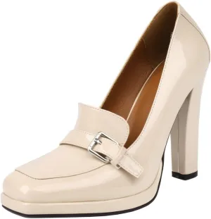 KISSASA Womens Chunky High Heel Patent Leather Loafers Square Toe Block Heel Pumps