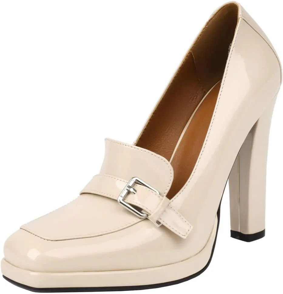 KISSASA Womens Chunky High Heel Patent Leather Loafers Square Toe Block Heel Pumps