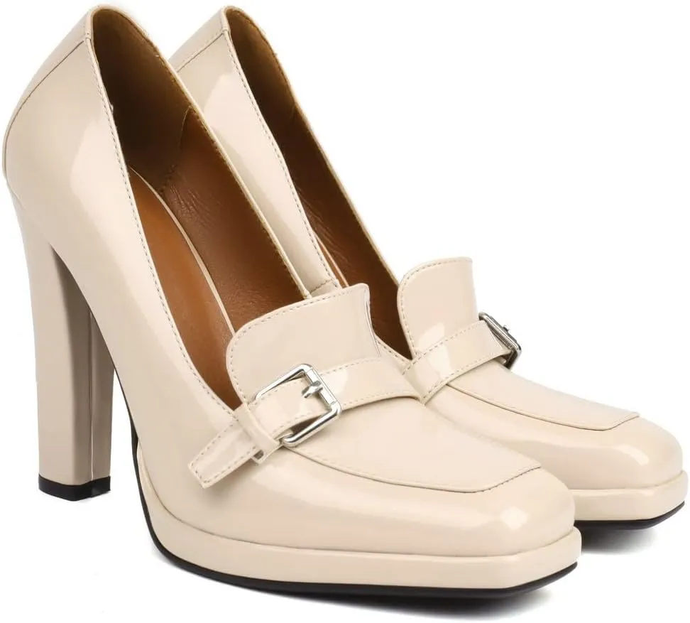 KISSASA Womens Chunky High Heel Patent Leather Loafers Square Toe Block Heel Pumps