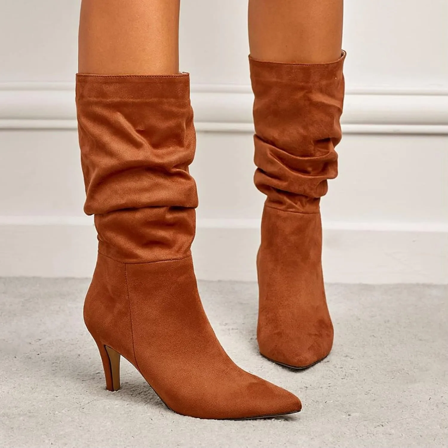 Knee High Boots for Women Mid Calf Boots Kitten Heel Boots Comfortable Riding Boots Side Zipper Fall Boots with Buckle